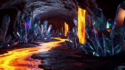 A cavern scene depicts lava flowing as a river through the dark landscape. Clusters of iridescent crystals line the rocky walls - Powered by Adobe