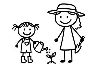 Mother and child stick figures planting a sprout together using a watering can and shovel