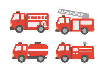 Set of red emergency service vehicles including fire engines, ladder trucks, and water tankers