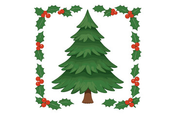 Festive green Christmas tree centered within a decorative frame of holly leaves and bright red berries