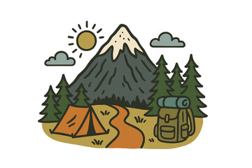 Retro style outdoor adventure scene with snowy mountain, pine trees, tent, and backpack under the sun