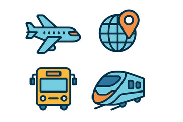 Modern icons for global travel and transportation: airplane, bus, high-speed train, location pin