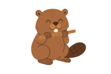 Cute cartoon beaver character holding a wooden stick and smiling happily © icon_art