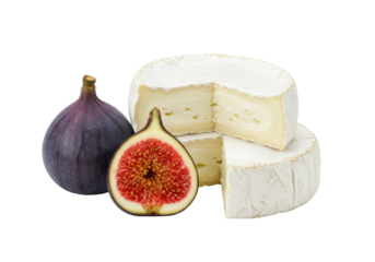 Isolated image of cheese wheels, figs, and a cut open fig on a simple background
