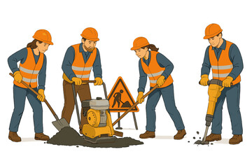 Diverse construction crew performing road maintenance using professional heavy equipment