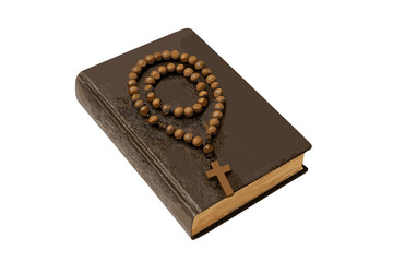 Wooden rosary beads with a cross resting on the cover of a closed brown religious book