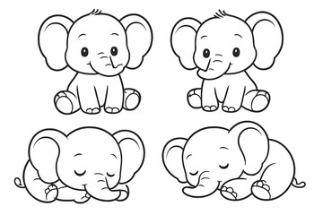 Set of adorable baby elephant characters in various sitting and sleeping poses