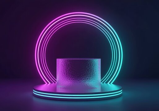 Futuristic neon stage with glowing circle and metallic podium, stage background