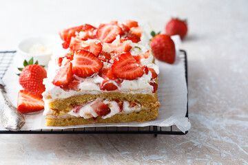 Homemade strawberry cake with vanilla cream