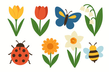 Bright collection of blooming spring flowers and garden insects like bee and butterfly © Andrei