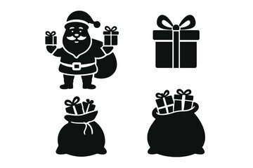 Festive holiday symbols set featuring Santa Claus, wrapped presents, and full sacks