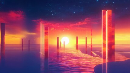 Glowing monoliths reflecting a vibrant surreal synthwave sunset - Powered by Adobe