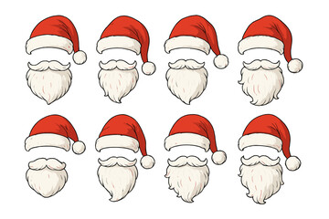 Collection of Santa Claus hats and beards variations for Christmas holiday design