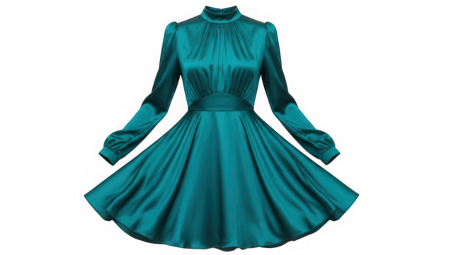 Elegant teal satin dress with high neck and long sleeves isolated on transparent background