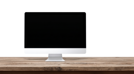 Modern Computer Monitor on a Wooden Surface: A sleek computer monitor is set on a wooden surface. the blank screen offers endless possibilities against an uncluttered, light backdrop. 