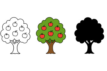 Simple stylized tree graphic set in outline, color, and silhouette variations