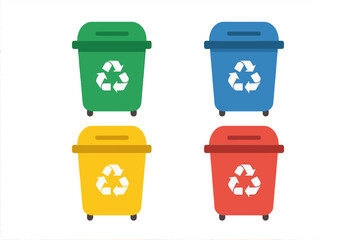 Four colorful recycling bins with universal symbol for waste sorting and environmental protection