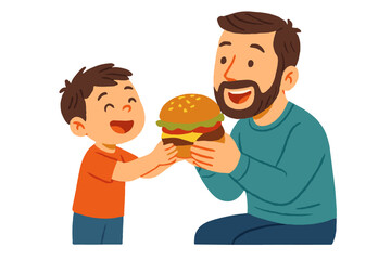 Joyful father and young son holding a large delicious cheeseburger on a white background