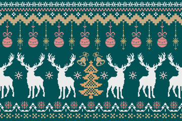 Knitted Christmas pattern seamless fabric Christmas winter. traditional pixel ethnic pattern vector winter style. Designed for background ,wallpaper ,carpet ,clothing ,embroidery