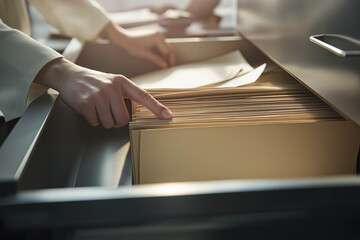 Female office employee organizing paper documents in filing cabinet under warm sunlight creating productive atmosphere for corporate archiving and business data management in modern workspace