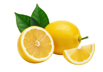 Vibrant yellow whole, half, and quarter lemons, juicy, with fresh green leaves on transparent studio background with copy space, concept of citrus health