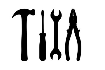 Black silhouettes of essential repair tools hammer screwdriver wrench and pliers