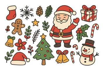 Adorable Christmas holiday icons set featuring Santa Claus and festive decorations