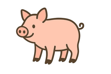 Cute pink piglet character with a curly tail standing isolated on white