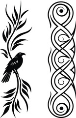Obraz premium Tribal raven on branch and vertical Celtic knot pattern vector illustration set for leg or arm tattoo and decorative border.