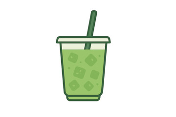 Iced green tea matcha drink in a disposable plastic cup with a straw
