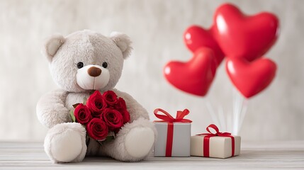 Best present on 14 February is a teddy bear and a bouquet of roses, red balloons, gift box. Card for valentines day