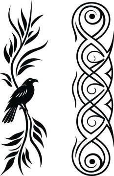 Tribal raven on branch and vertical Celtic knot pattern vector illustration set for leg or arm tattoo and decorative border.