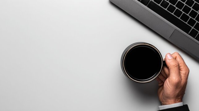 Businessmans hand elegantly holding a black ceramic cup of coffee beside a laptop on a minimalist workspace, showcasing modern professional lifestyle and focus on productivity