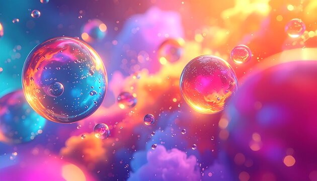 Colorful, abstract composition with translucent orbs hovering against a backdrop of vibrant, ethereal clouds