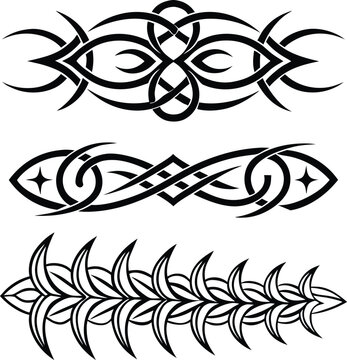 Set of three aggressive tribal borders and Celtic knot fusion patterns vector illustration for armband tattoo and graphic decoration.