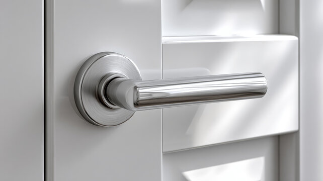 Close-up of a modern silver door handle on a white door.