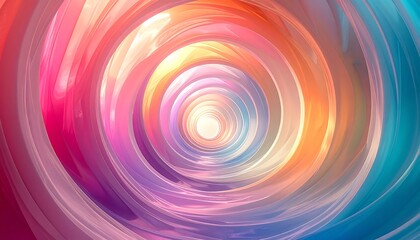 Colorful abstract swirl, pastel hues transitioning from pink and orange to blue. Light glows at the center of the vortex