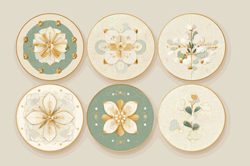 Korean Floral Medallion Series in Gold and Mint