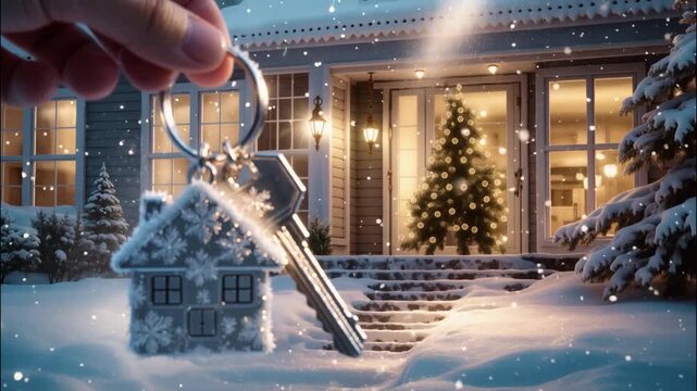 Close-up of a hand holding house-shaped keychain and keys in snowy winter setting, with a decorated Christmas tree glowing inside a cozy home.