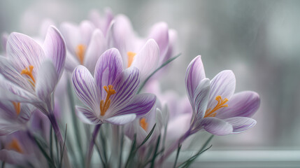 Fototapeta premium Beautiful crocus flowers in soft pastel colors, showcasing delicate petals and vibrant stamens