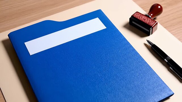 Blue File Folder on Beige Document with Stamp and Pen