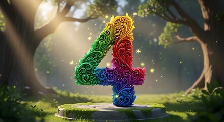A vibrant rainbow number four swirls with floral elegance in a magical forest setting, perfect for invitations or announcements