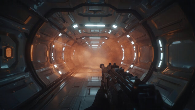 Futuristic sci fi space corridor with weapon and glowing lights.