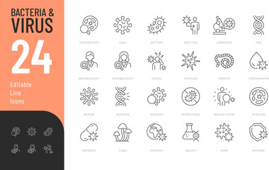 Bacteria and Virus Line Editable Icons set. Vector illustration in modern thin style of science related icons: microbe, virus, bacteria, and more. Isolated on transparent background. © Vectuz
