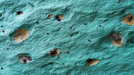 Close-up view of a turquoise textured surface featuring irregular holes and dark specks, showcasing an abstract pattern that adds depth and visual interest to any design project