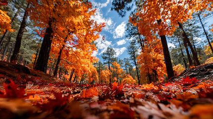 Fototapeta premium Vibrant autumn forest canopy with fallen leaves on ground trees orange