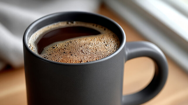Black coffee in a ceramic mug on a wooden table, cozy atmosphere.