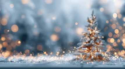 Stickers Meisjeskamer Festive Christmas Tree with Twinkling Lights in a Winter Wonderland Setting  © Shi