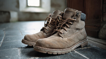Weathered leather boots on a rustic stone floor by a window.