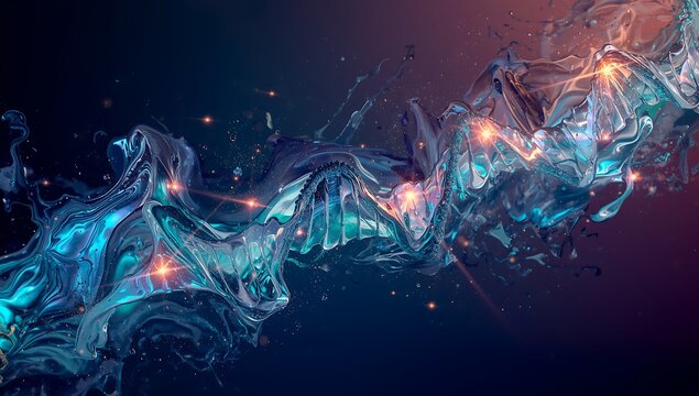 Abstract flowing blue and teal energy with orange sparks